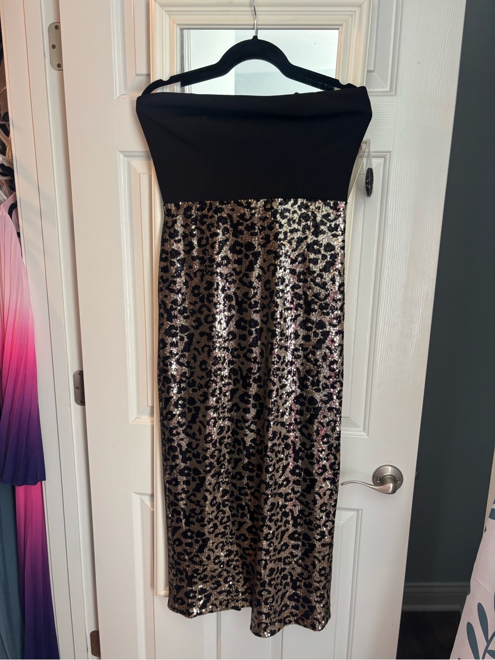 Eliza J Black Strapless Top with Gold Sequin Leopard Midi Skirt